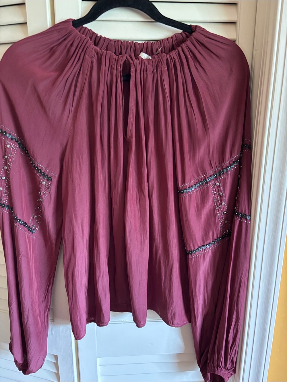 Ramy Brook Rose-Mauve Embellished Gathered-Neck Blouse